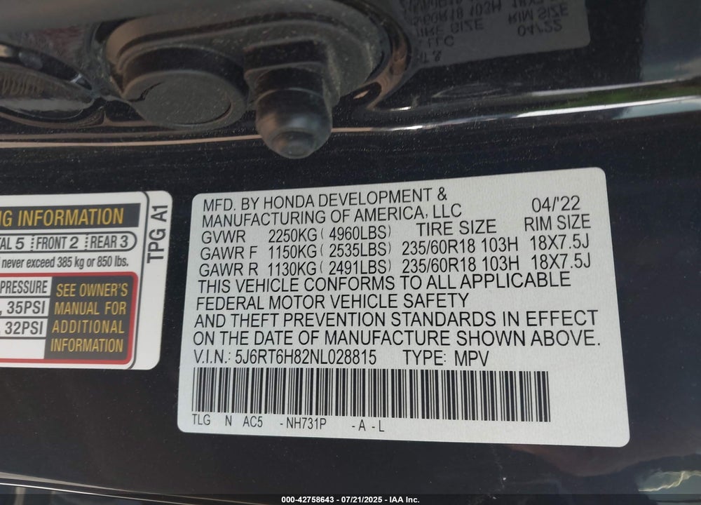 2022 HONDA CR-V VIN: 5J6RT6H82NL028815