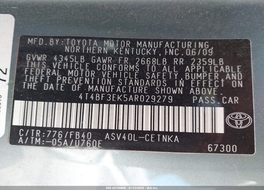 2010 TOYOTA CAMRY LE VIN: 4T4BF3EK5AR029279