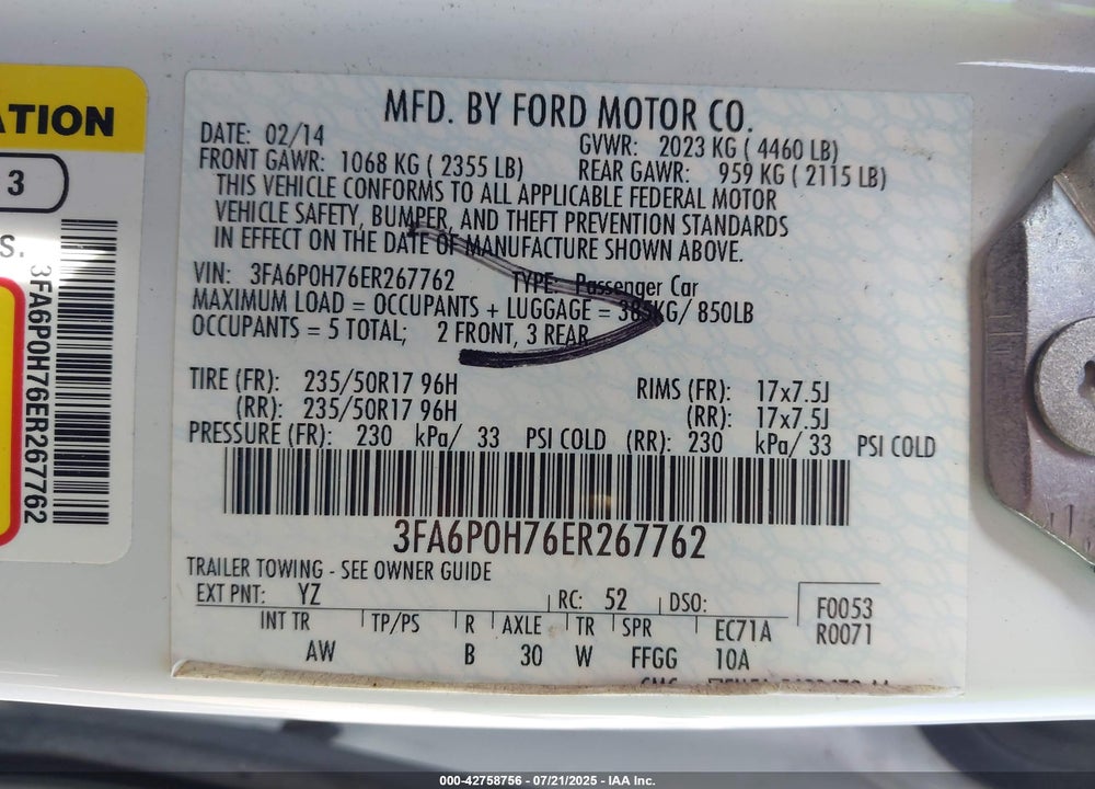 2014 FORD FUSION VIN: 3FA6P0H76ER267762