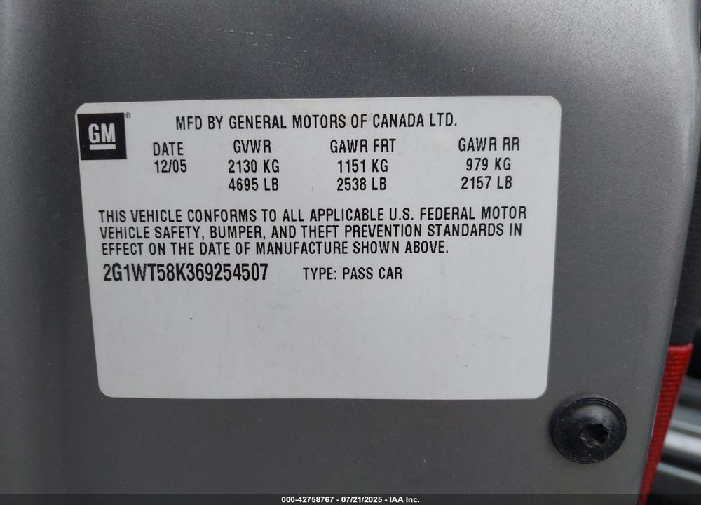 2006 CHEVROLET IMPALA VIN: 2G1WT58K369254507