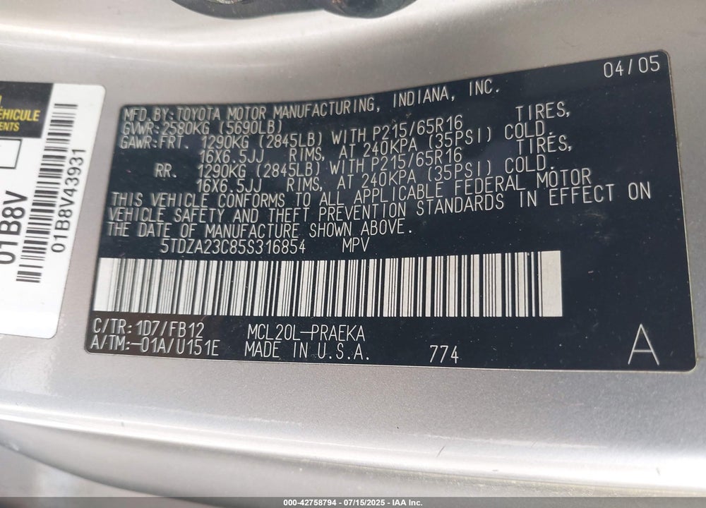 2005 TOYOTA SIENNA VIN: 5TDZA23C85S316854