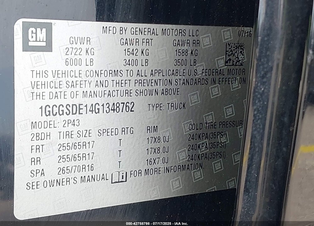 2016 CHEVROLET COLORADO VIN: 1GCGSDE14G1348762