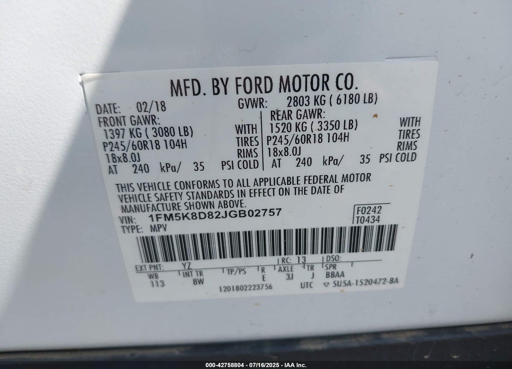 2018 FORD EXPLORER VIN: 1FM5K8D82JGB02757