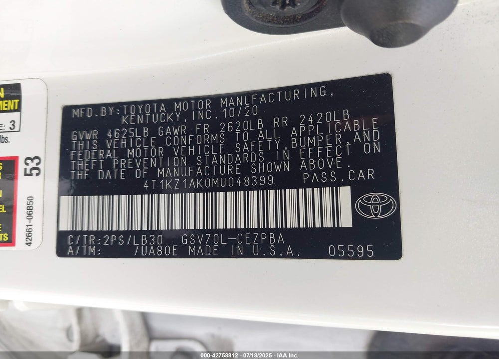 2021 TOYOTA CAMRY VIN: 4T1KZ1AK0MU048399