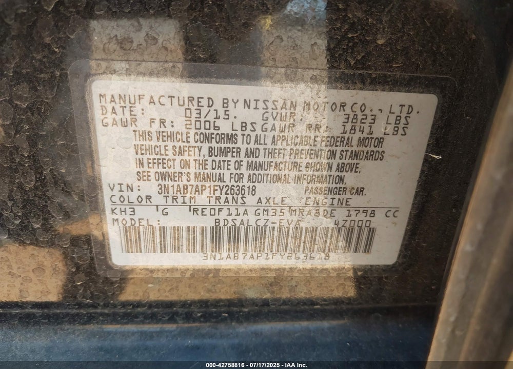 2015 NISSAN SENTRA VIN: 3N1AB7AP1FY263618