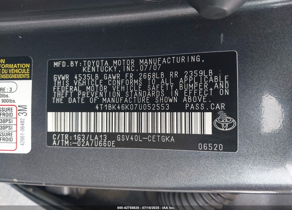 2007 TOYOTA CAMRY VIN: 4T1BK46K07U052553