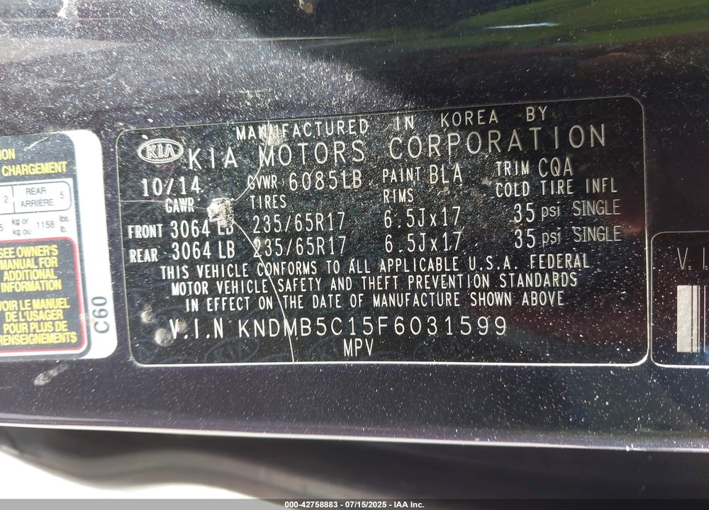 2015 KIA SEDONA LX VIN: KNDMB5C15F6031599