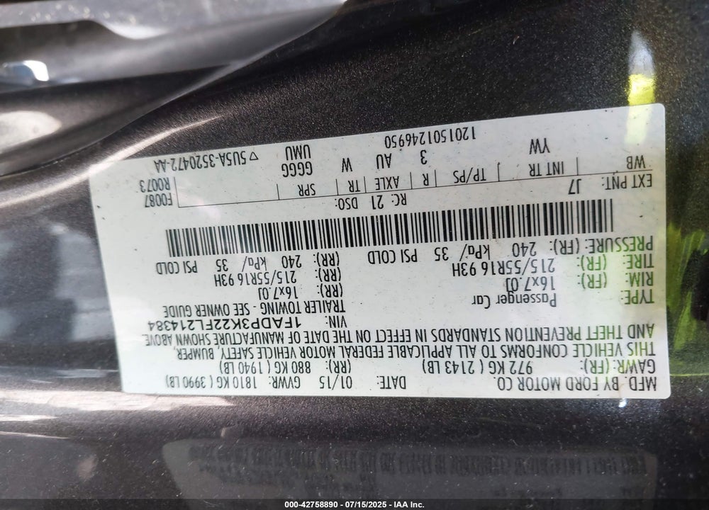 2015 FORD FOCUS VIN: 1FADP3K22FL214384