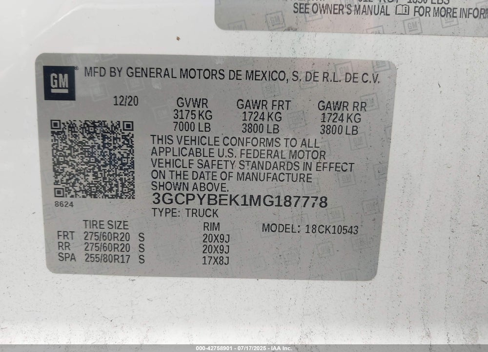 2021 CHEVROLET SILVERADO 1500 VIN: 3GCPYBEK1MG187778