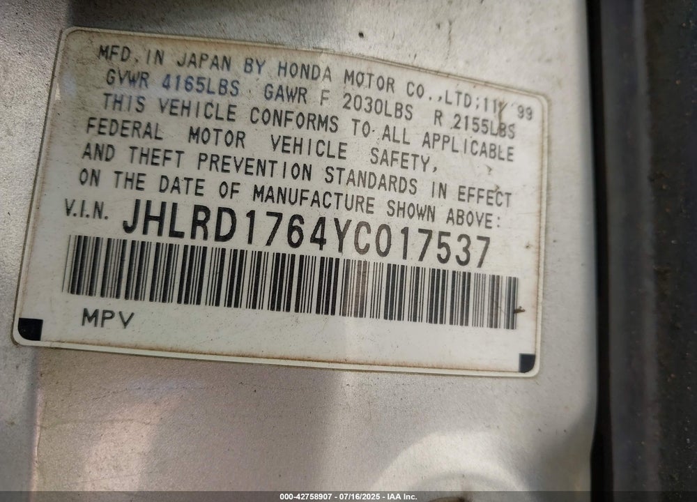 2000 HONDA CR-V EX VIN: JHLRD1764YC017537
