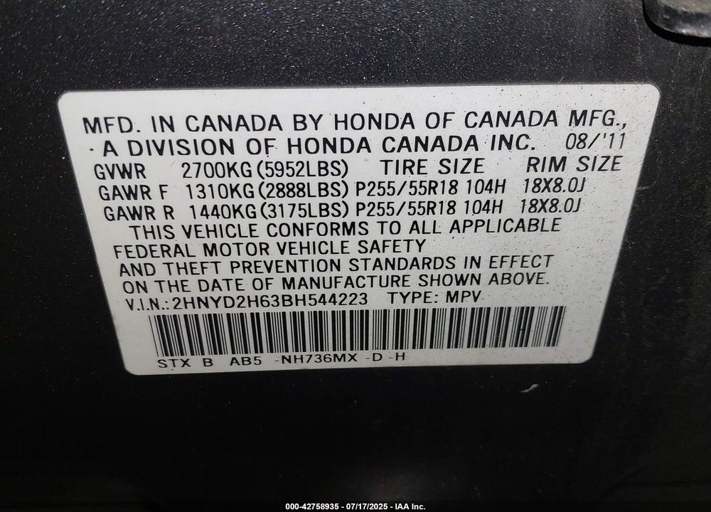 2011 ACURA MDX VIN: 2HNYD2H63BH544223