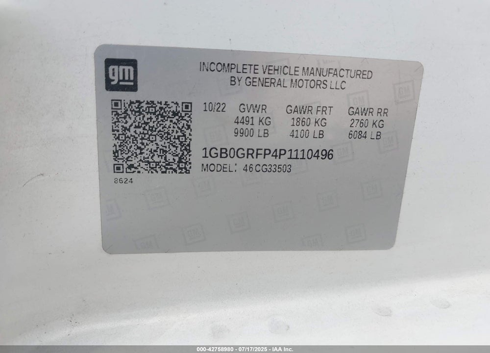 2023 CHEVROLET EXPRESS CUTAWAY WORK VAN VIN: 1GB0GRFP4P1110496
