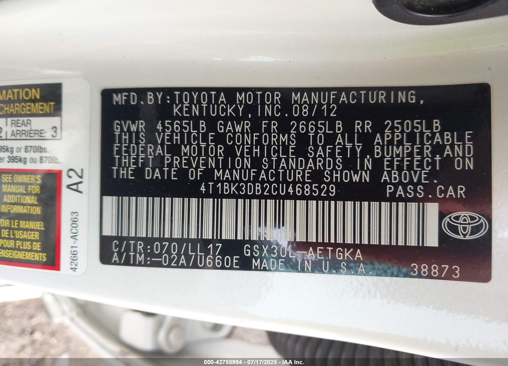2012 TOYOTA AVALON VIN: 4T1BK3DB2CU468529