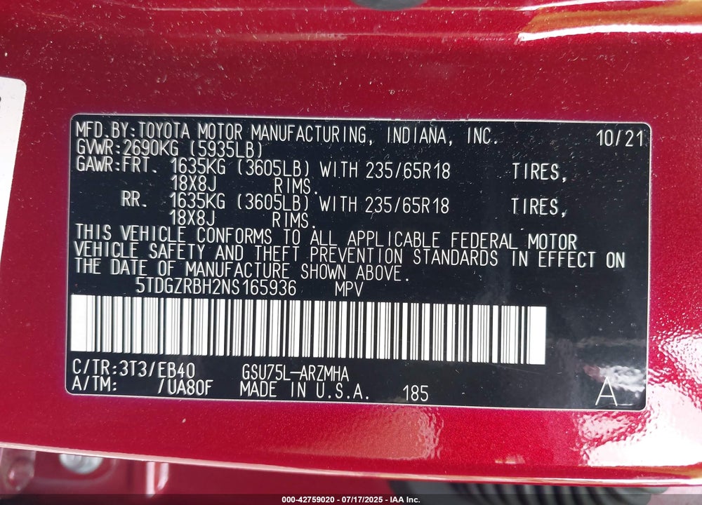 2022 TOYOTA HIGHLANDER VIN: 5TDGZRBH2NS165936