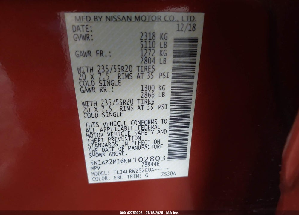 2019 NISSAN MURANO VIN: 5N1AZ2MJ6KN102803