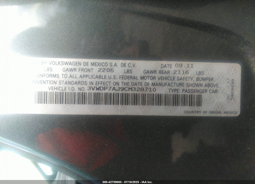 2012 VOLKSWAGEN JETTA VIN: 3VWDP7AJ9CM328710