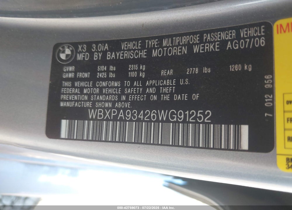 2006 BMW X3 3.0I VIN: WBXPA93426WG91252