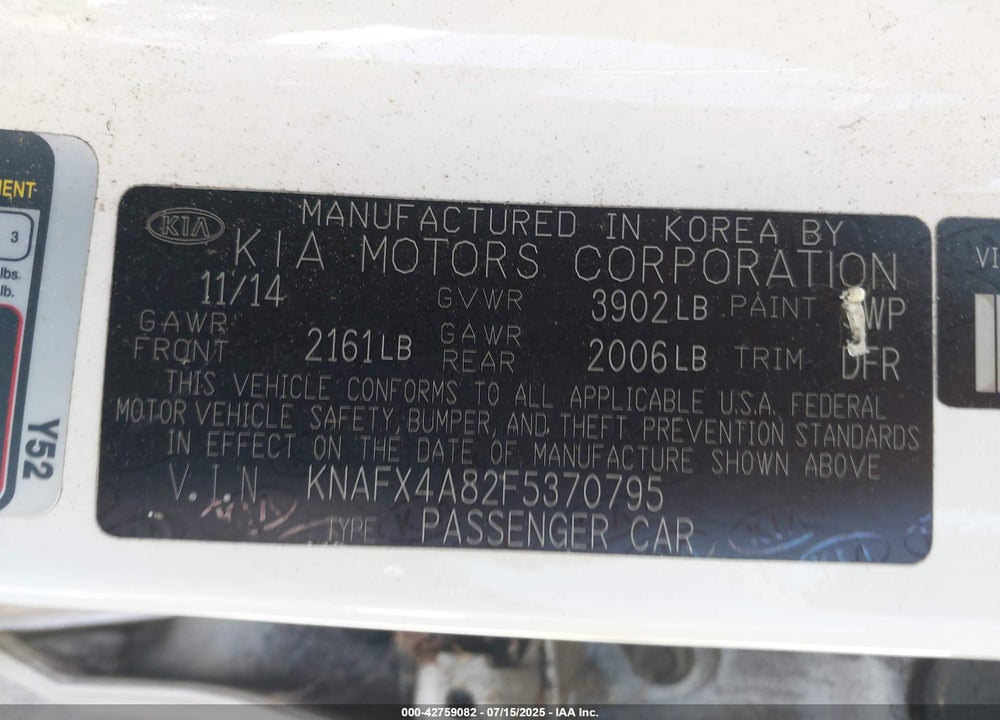 2015 KIA FORTE VIN: KNAFX4A82F5370795