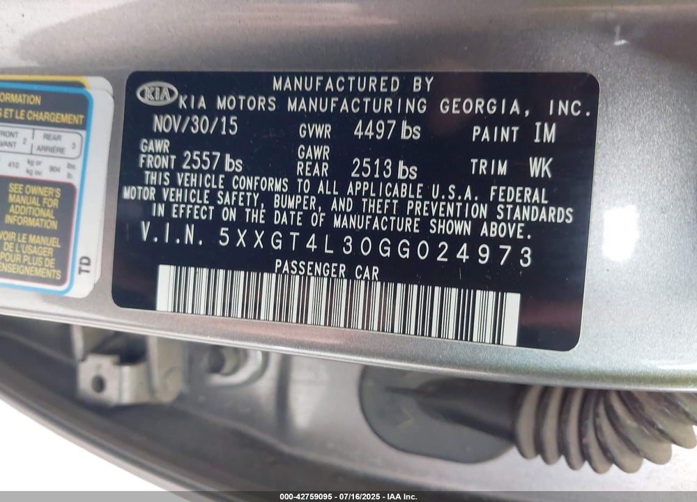 2016 KIA OPTIMA VIN: 5XXGT4L30GG024973