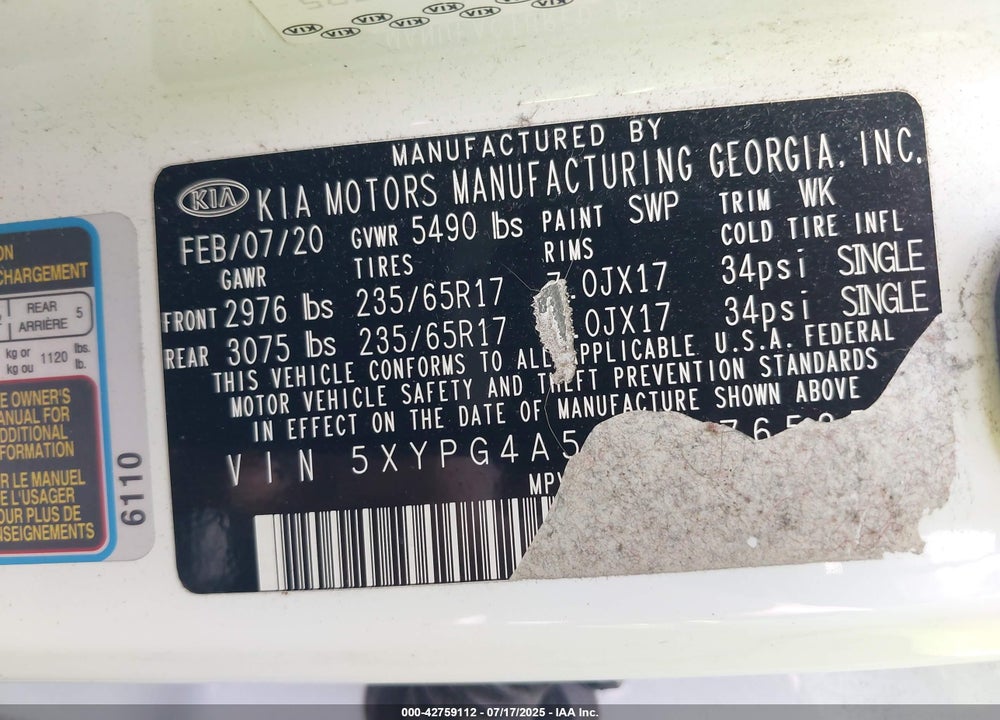 2020 KIA SORENTO VIN: 5XYPG4A52LG676525