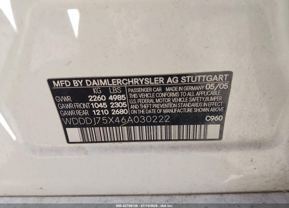 2006 MERCEDES-BENZ CLS CLASS VIN: WDDDJ75X46A030222