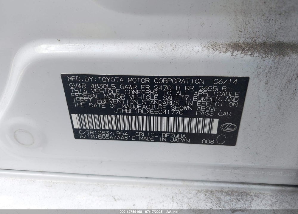 2014 LEXUS GS350 VIN: JTHBE1BLXE5041770