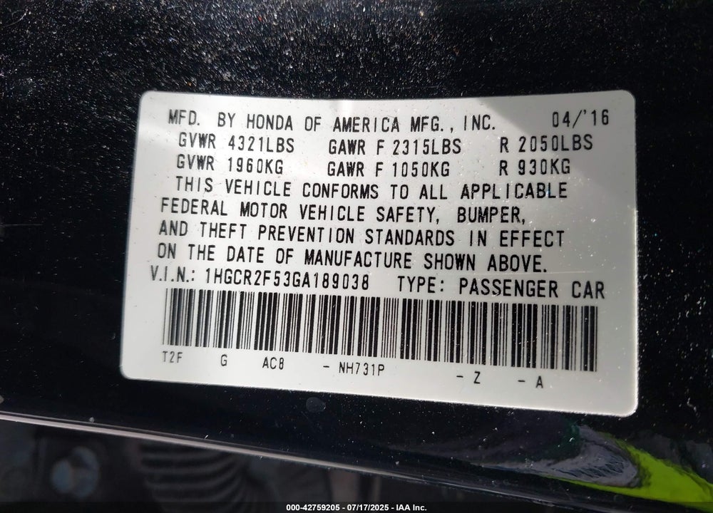 2016 HONDA ACCORD VIN: 1HGCR2F53GA189038