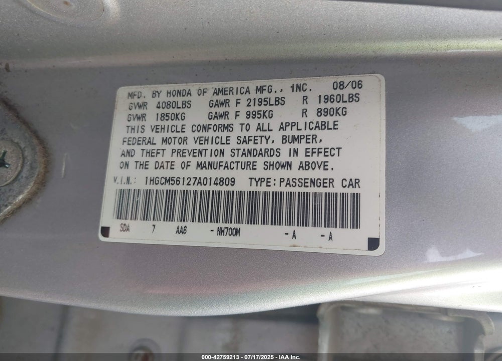 2007 HONDA ACCORD VIN: 1HGCM56127A014809