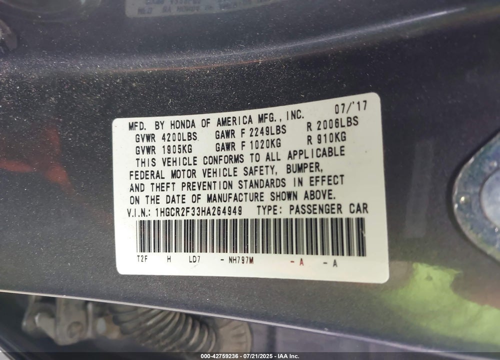 2017 HONDA ACCORD VIN: 1HGCR2F33HA264949