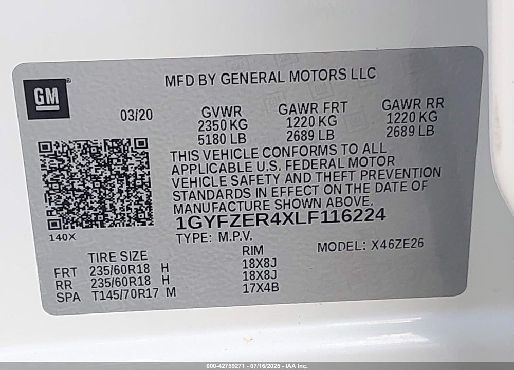 2020 CADILLAC XT4 VIN: 1GYFZER4XLF116224