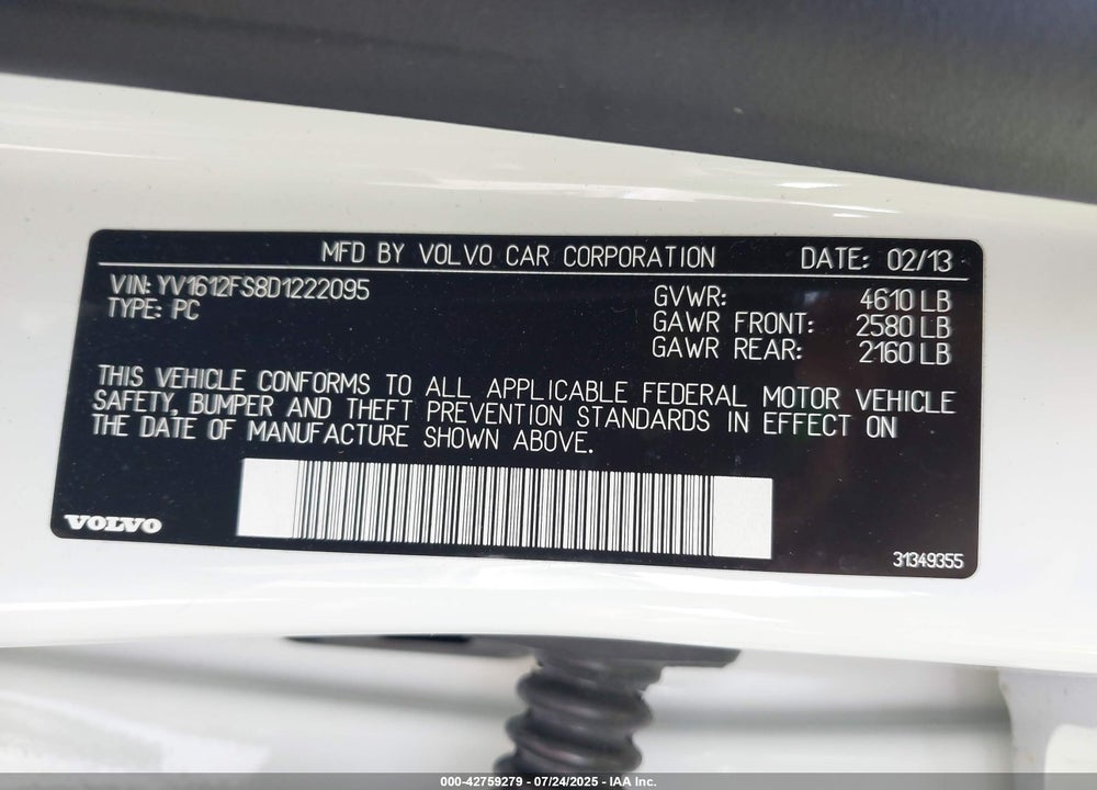 2013 VOLVO S60 VIN: YV1612FS8D1222095