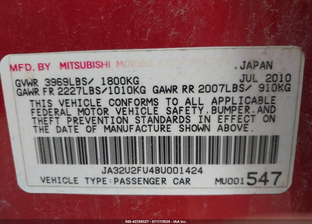 2011 MITSUBISHI LANCER VIN: JA32U2FU4BU001424