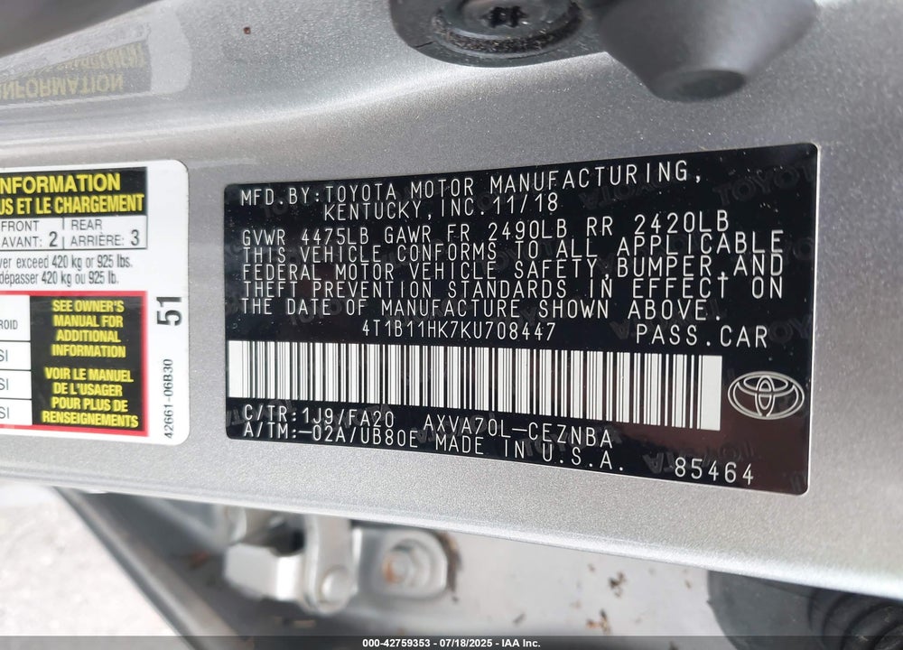 2019 TOYOTA CAMRY VIN: 4T1B11HK7KU708447