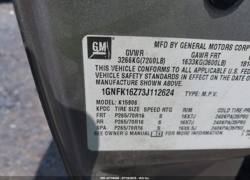 2003 CHEVROLET SUBURBAN 1500 LT VIN: 1GNFK16Z73J112624