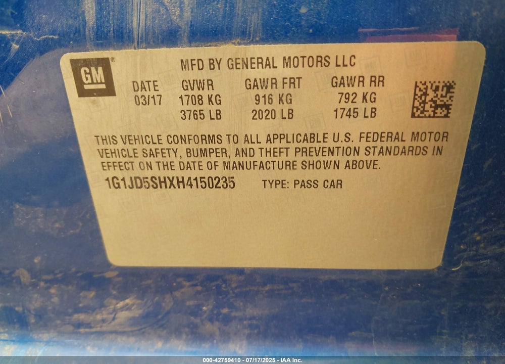 2017 CHEVROLET SONIC VIN: 1G1JD5SHXH4150235