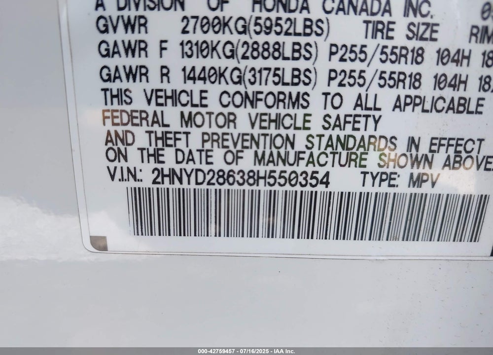 2008 ACURA MDX TECHNOLOGY PACKAGE VIN: 2HNYD28638H550354