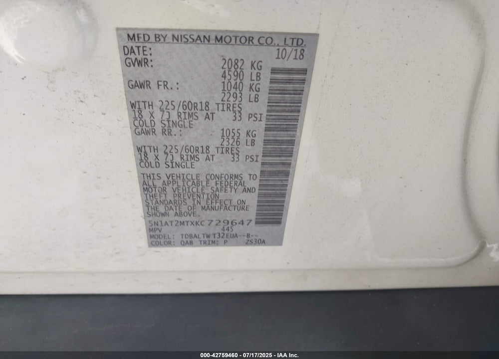 2019 NISSAN ROGUE VIN: 5N1AT2MTXKC729647