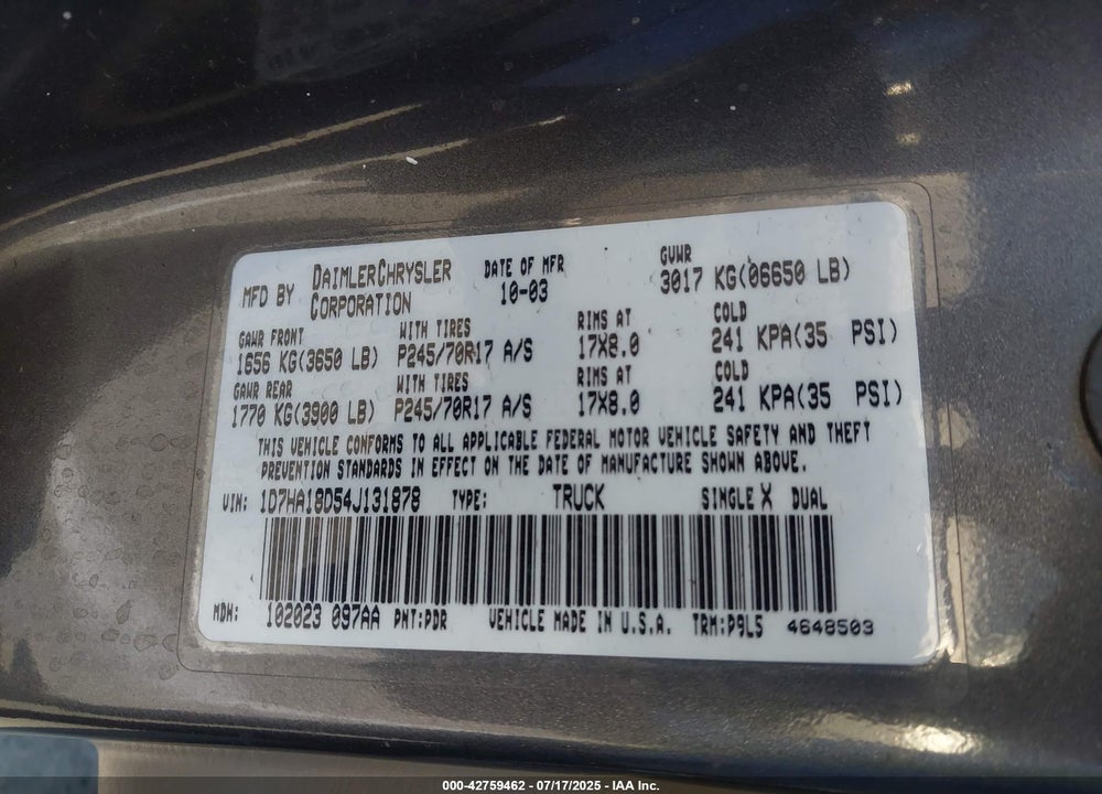 2004 DODGE RAM 1500 ST VIN: 1D7HA18D54J131878