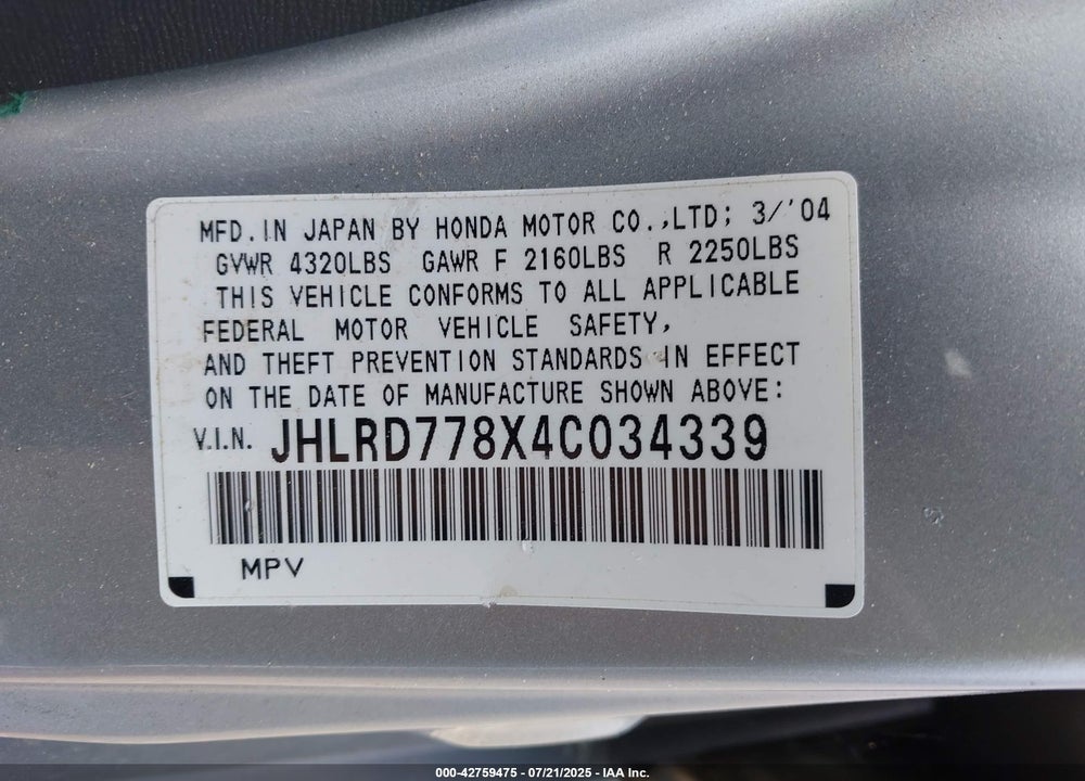 2004 HONDA CR-V EX VIN: JHLRD778X4C034339
