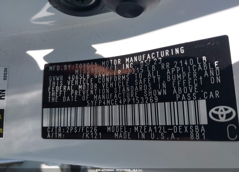 2023 TOYOTA COROLLA VIN: 5YFP4MCE4PP153269