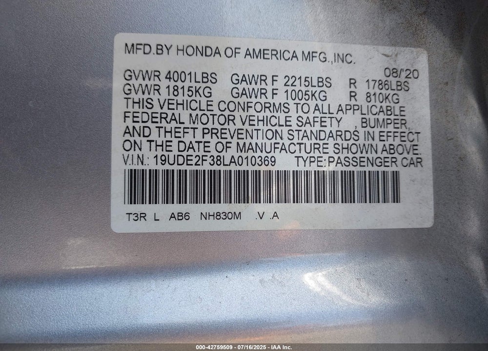 2020 ACURA ILX VIN: 19UDE2F38LA010369