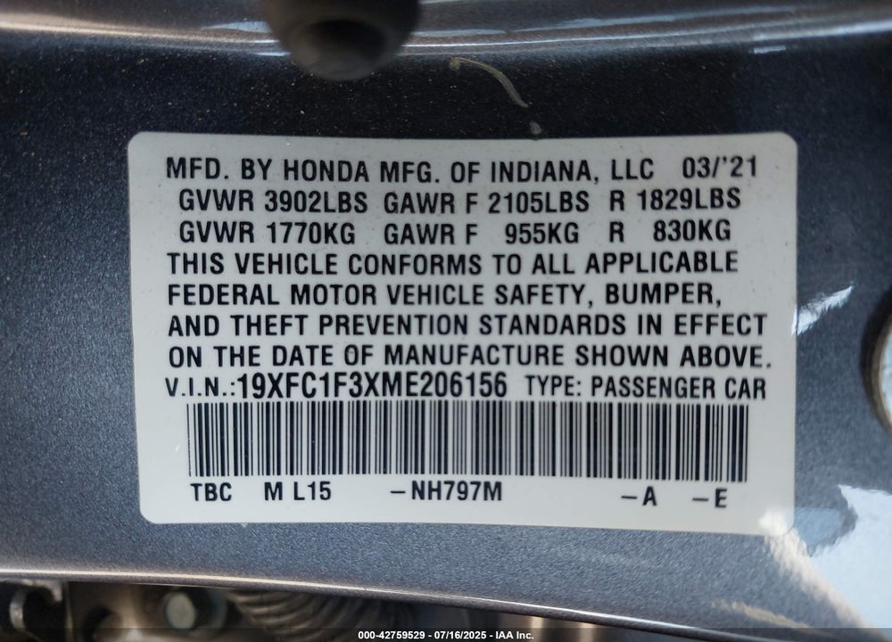 2021 HONDA CIVIC EX VIN: 19XFC1F3XME206156