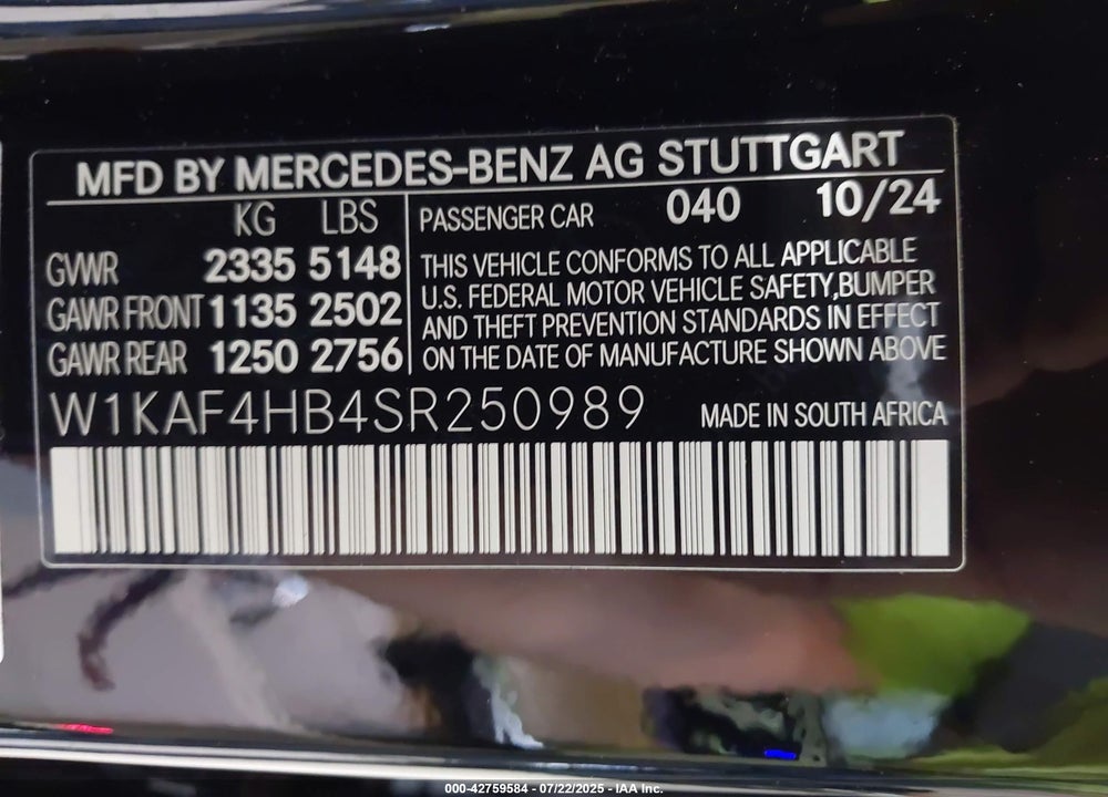2025 MERCEDES-BENZ C CLASS VIN: W1KAF4HB4SR250989