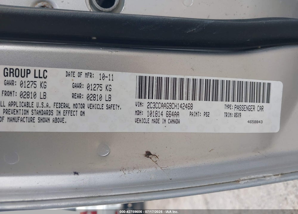 2012 CHRYSLER 300 VIN: 2C3CCAAG9CH142468