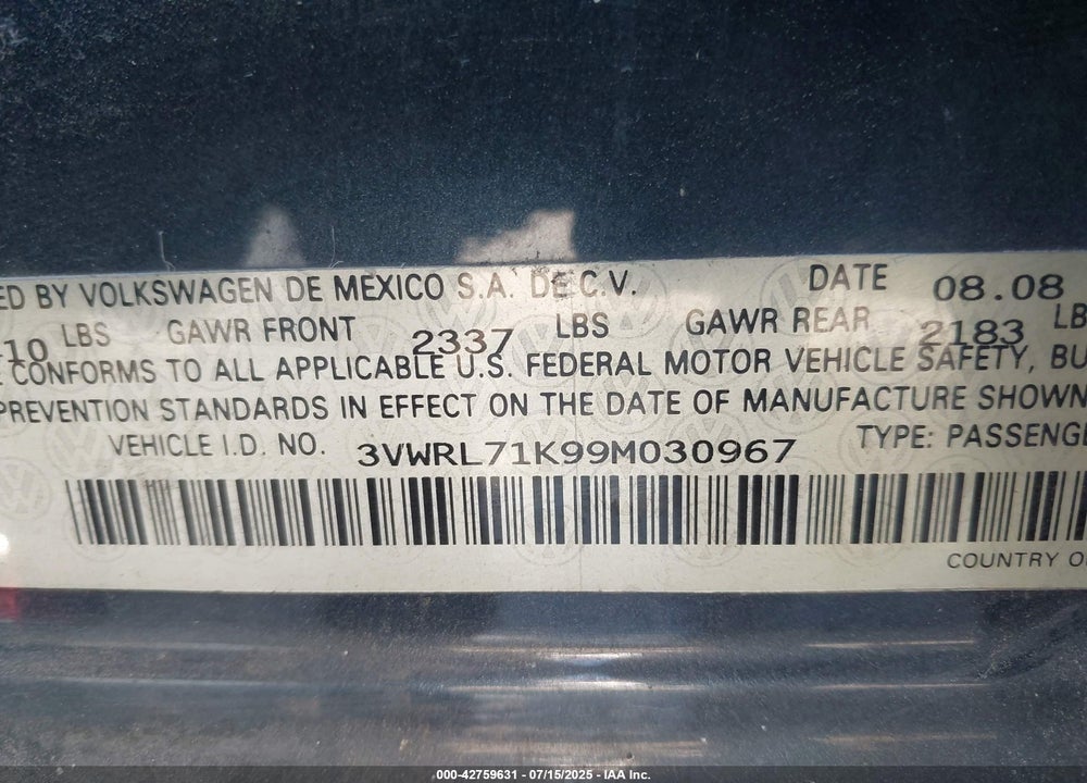 2009 VOLKSWAGEN JETTA TDI VIN: 3VWRL71K99M030967