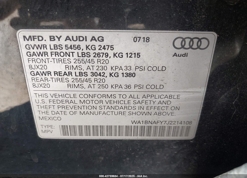 2018 AUDI Q5 VIN: WA1BNAFY7J2214108