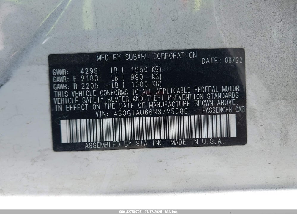 2022 SUBARU IMPREZA VIN: 4S3GTAU66N3725389