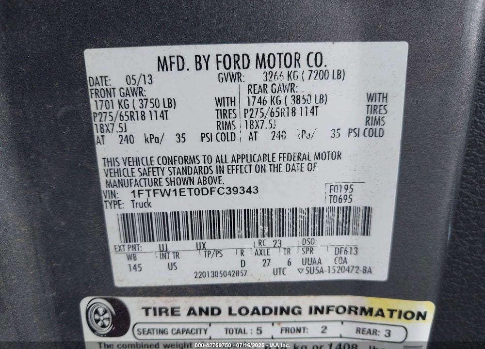 2013 FORD F-150 XLT VIN: 1FTFW1ET0DFC39343