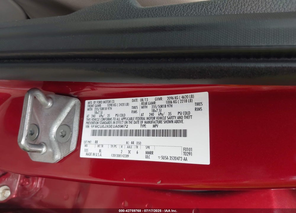 2014 FORD ESCAPE VIN: 1FMCU0JX0EUA59672