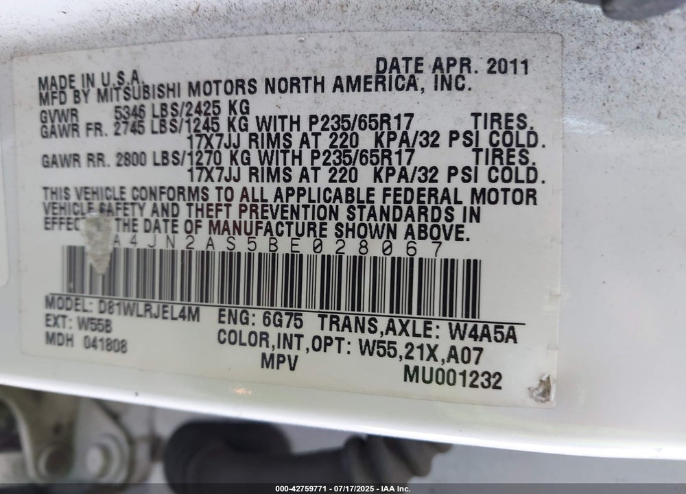 2011 MITSUBISHI ENDEAVOR VIN: 4A4JN2AS5BE028067